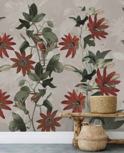 mural de papel de parede floral vermelho e verde chamado Clematis II de Marina Stupakova para quartos e salões