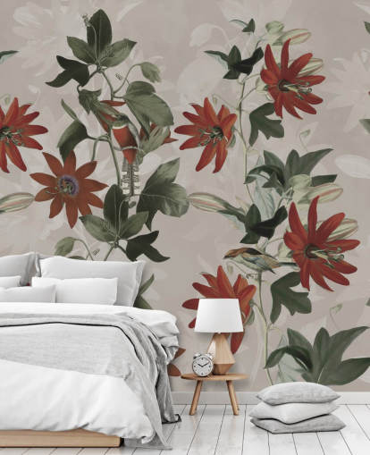 mural de papel pintado floral rojo y verde llamado Clematis II de Marina Stupakova para dormitorios y salones