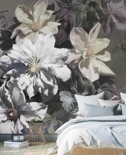 Marina Stupakovan kukka-taustakuvamaalaus nimeltä Clematis makuuhuoneisiin ja olohuoneisiin