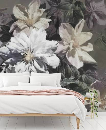 blommig tapetväggmålning kallad Clematis av Marina Stupakova för sovrum och vardagsrum