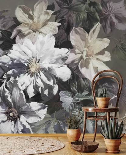 bloemenbehang met de naam Clematis van Marina Stupakova voor slaapkamers en woonkamers bloemenbehang met de naam Clematis van Marina Stupakova voor slaapkamers en woonkamers