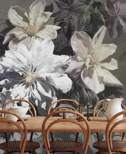 mural de papel pintado floral llamado Clematis de Marina Stupakova para dormitorios y salas de estar