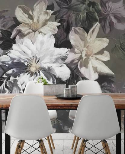 bloemenbehang met de naam Clematis van Marina Stupakova voor slaapkamers en woonkamers