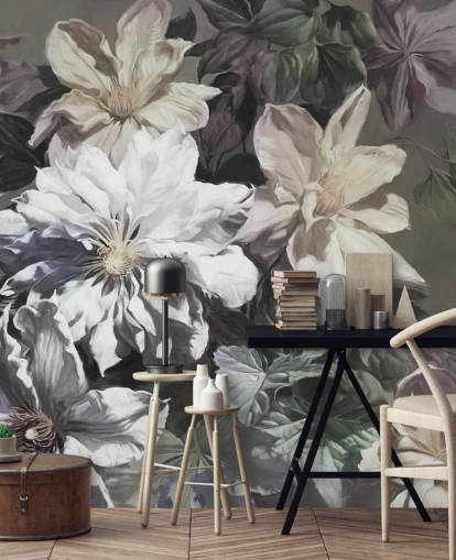 Marina Stupakovan kukka-taustakuvamaalaus nimeltä Clematis makuuhuoneisiin ja olohuoneisiin