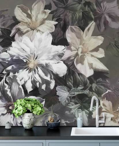 floral wallpaper mural called Clematis by Marina Stupakova for bedrooms and living rooms