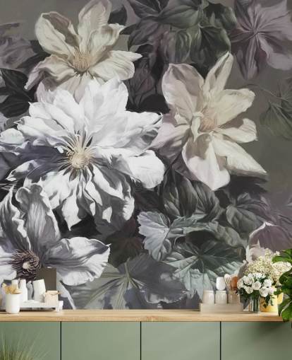 blommig tapetväggmålning kallad Clematis av Marina Stupakova för sovrum och vardagsrum
