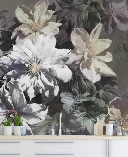 mural de papel pintado floral llamado Clematis de Marina Stupakova para dormitorios y salas de estar