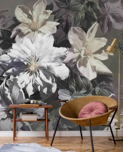 bloemenbehang met de naam Clematis van Marina Stupakova voor slaapkamers en woonkamers bloemenbehang met de naam Clematis van Marina Stupakova voor slaapkamers en woonkamers