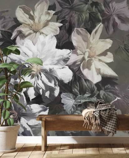 mural de papel de parede floral chamado Clematis de Marina Stupakova para quartos e salas de estar mural de papel de parede floral chamado Clematis de Marina Stupakova para quartos e salas de estar