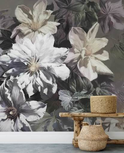 mural de papel de parede floral chamado Clematis de Marina Stupakova para quartos e salas de estar mural de papel de parede floral chamado Clematis de Marina Stupakova para quartos e salas de estar