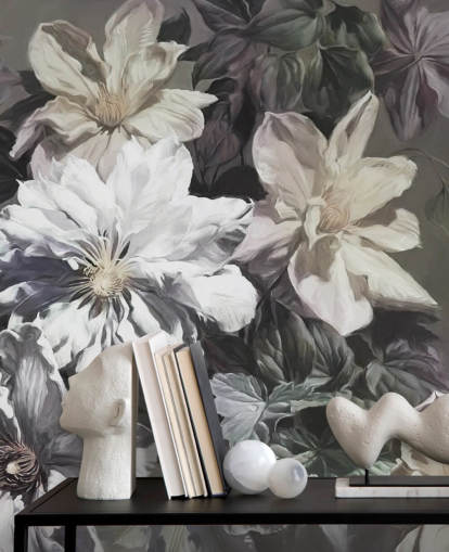 blommig tapetväggmålning kallad Clematis av Marina Stupakova för sovrum och vardagsrum blommig tapetväggmålning kallad Clematis av Marina Stupakova för sovrum och vardagsrum