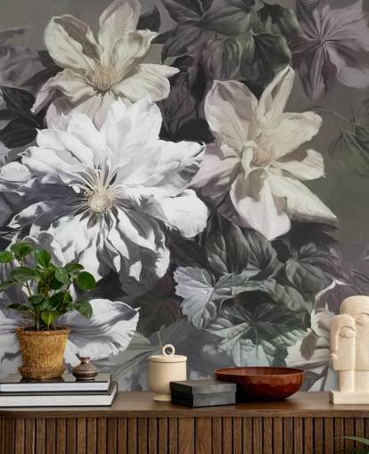 blommig tapetväggmålning kallad Clematis av Marina Stupakova för sovrum och vardagsrum blommig tapetväggmålning kallad Clematis av Marina Stupakova för sovrum och vardagsrum