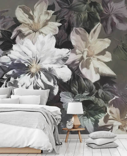 blomstertapet vægmaleri kaldet Clematis af Marina Stupakova til soveværelser og stuer blomstertapet vægmaleri kaldet Clematis af Marina Stupakova til soveværelser og stuer