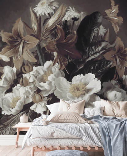 bold floral wallpaper mural called Iris and Gerbers by Marina Stupakova for bedrooms and living rooms