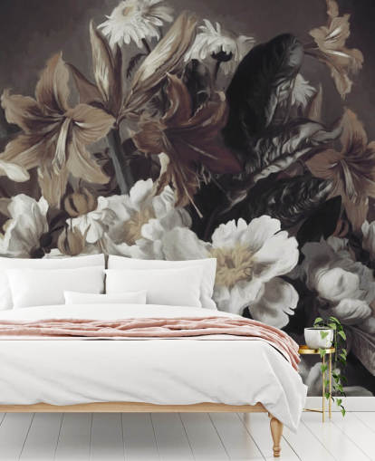 gewaagde bloemenbehangmuurschildering genaamd Iris and Gerbers van Marina Stupakova voor slaapkamers en woonkamers