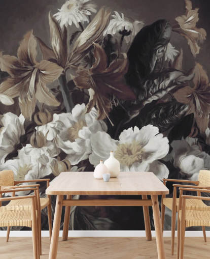 bold floral wallpaper mural called Iris and Gerbers by Marina Stupakova for bedrooms and living rooms