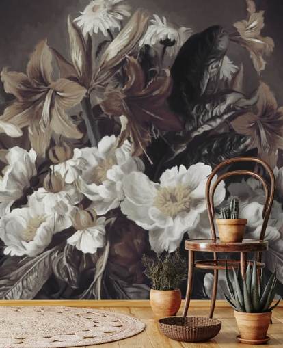 mutiges Blumentapetengemälde namens Iris and Gerbers von Marina Stupakova für Schlafzimmer und Wohnzimmer