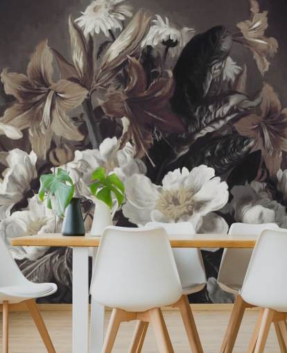 mural de papel de parede floral ousado chamado Iris and Gerbers de Marina Stupakova para quartos e salas de estar