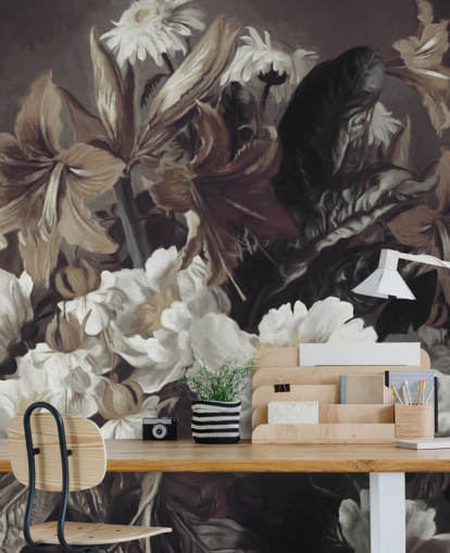 bold floral wallpaper mural called Iris and Gerbers by Marina Stupakova for bedrooms and living rooms