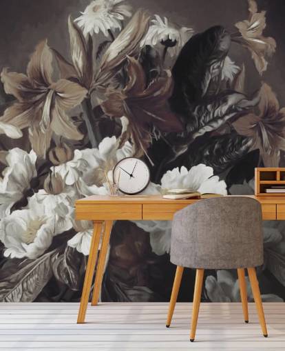 mural de papel de parede floral ousado chamado Iris and Gerbers de Marina Stupakova para quartos e salas de estar