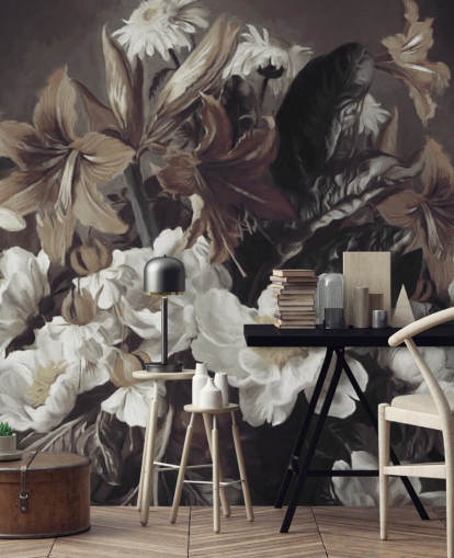 mural de papel pintado floral atrevido llamado Iris and Gerbers de Marina Stupakova para dormitorios y salas de estar mural de papel pintado floral atrevido llamado Iris and Gerbers de Marina Stupakova para dormitorios y salas de estar