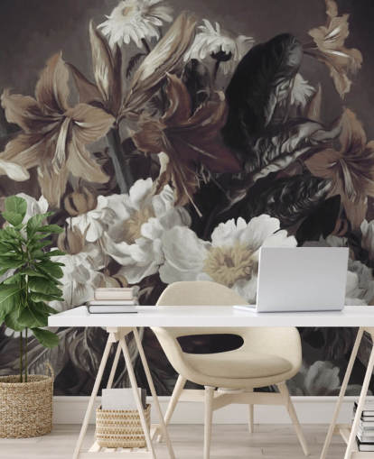 gewaagde bloemenbehangmuurschildering genaamd Iris and Gerbers van Marina Stupakova voor slaapkamers en woonkamers gewaagde bloemenbehangmuurschildering genaamd Iris and Gerbers van Marina Stupakova voor slaapkamers en woonkamers