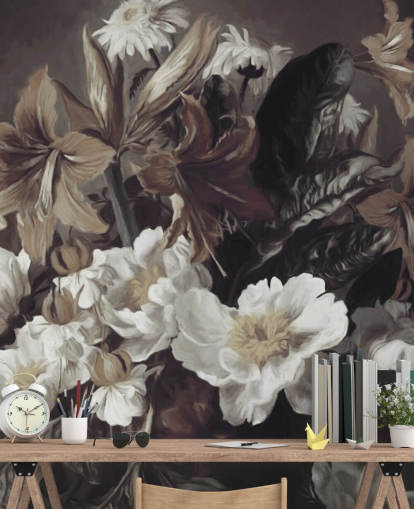 dristig blomstertapet veggmaleri kalt Iris og Gerbers av Marina Stupakova for soverom og stuer