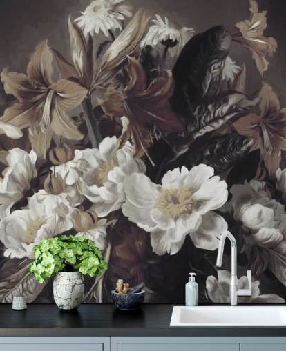 bold floral wallpaper mural called Iris and Gerbers by Marina Stupakova for bedrooms and living rooms