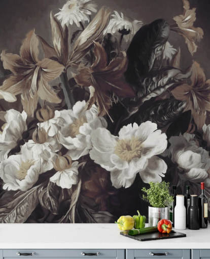 bold floral wallpaper mural called Iris and Gerbers by Marina Stupakova for bedrooms and living rooms