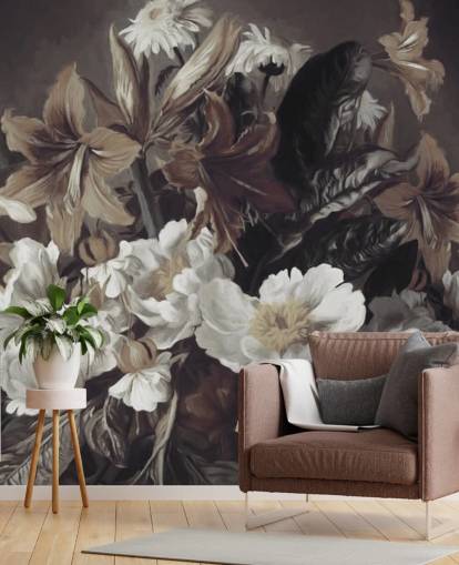 mural de papel pintado floral atrevido llamado Iris and Gerbers de Marina Stupakova para dormitorios y salas de estar