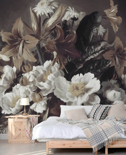 mural de papel de parede floral ousado chamado Iris and Gerbers de Marina Stupakova para quartos e salas de estar mural de papel de parede floral ousado chamado Iris and Gerbers de Marina Stupakova para quartos e salas de estar