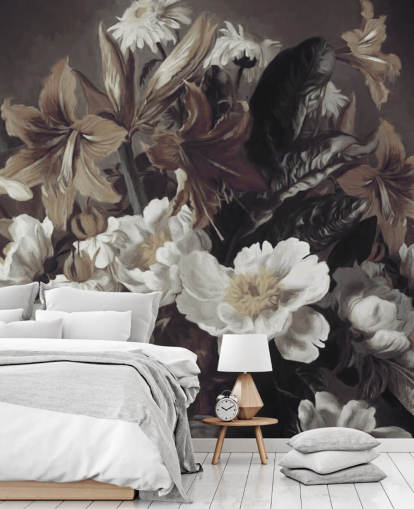 gewaagde bloemenbehangmuurschildering genaamd Iris and Gerbers van Marina Stupakova voor slaapkamers en woonkamers gewaagde bloemenbehangmuurschildering genaamd Iris and Gerbers van Marina Stupakova voor slaapkamers en woonkamers