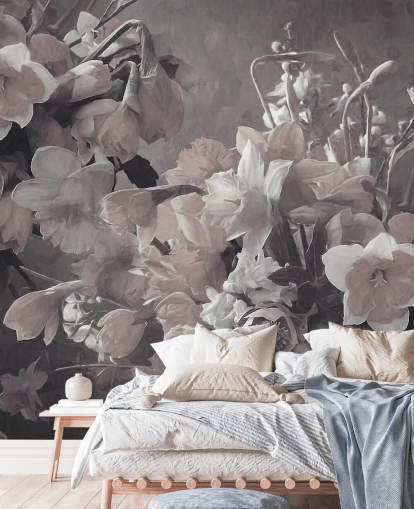 mural de papel pintado floral llamado Narciso de Marina Stupakova para salas de estar y dormitorios