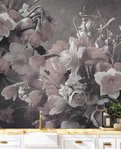 mural de papel pintado floral llamado Narciso de Marina Stupakova para salas de estar y dormitorios