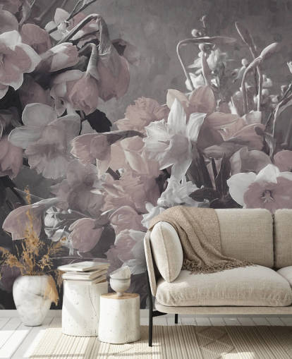 mural de papel pintado floral llamado Narciso de Marina Stupakova para salas de estar y dormitorios