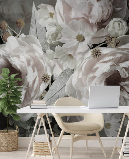 blommig tapetväggmålning kallad Peonies av Marina Stupakova för sovrum och vardagsrum
