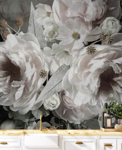 Blumentapete „Pfingstrosen“ von Marina Stupakova für Schlafzimmer und Wohnzimmer