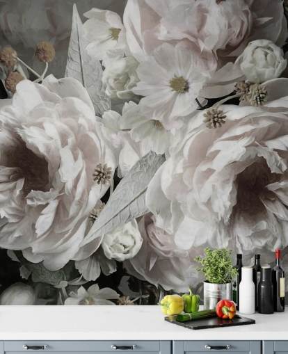 mural de papel pintado floral llamado Peonies de Marina Stupakova para dormitorios y salas de estar