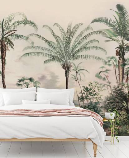 djungel tapetväggmålning kallad Romantic Tropics av Marina Stupakova för vardagsrum och sovrum