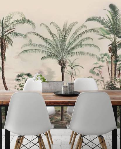 djungel tapetväggmålning kallad Romantic Tropics av Marina Stupakova för vardagsrum och sovrum