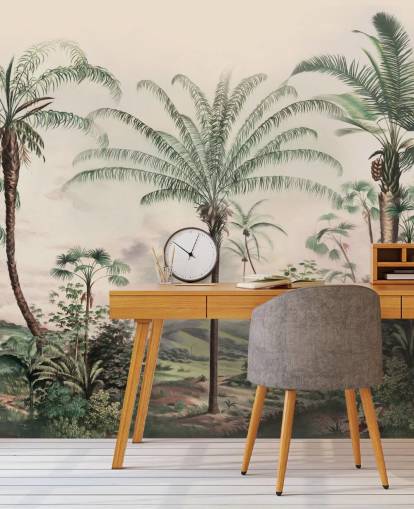 djungel tapetväggmålning kallad Romantic Tropics av Marina Stupakova för vardagsrum och sovrum