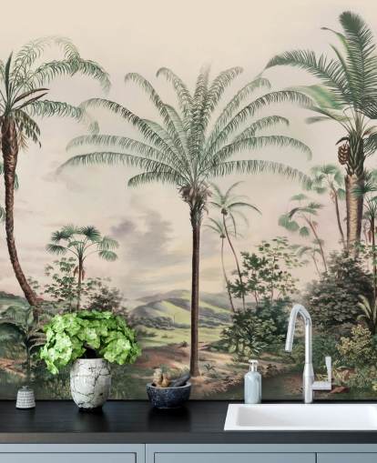 carta da parati murale con giungla chiamata Romantic Tropics di Marina Stupakova per salotti e camere da letto