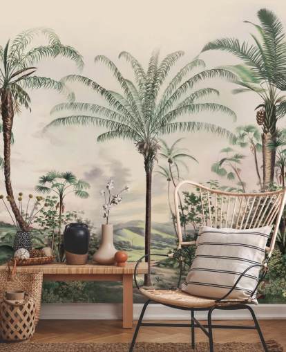 carta da parati murale con giungla chiamata Romantic Tropics di Marina Stupakova per salotti e camere da letto