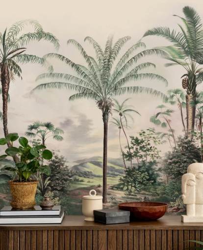 carta da parati murale con giungla chiamata Romantic Tropics di Marina Stupakova per salotti e camere da letto