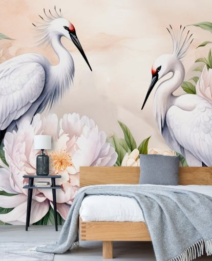 carta da parati murale a forma di cicogna chiamata Storks Romance di Marina Stupakova per camere da letto e salotti