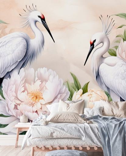 ooievaarsbehangmuurschildering genaamd Storks Romance van Marina Stupakova voor slaapkamers en woonkamers ooievaarsbehangmuurschildering genaamd Storks Romance van Marina Stupakova voor slaapkamers en woonkamers