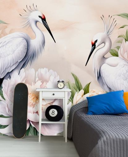 mural de papel de parede de cegonha chamado Storks Romance de Marina Stupakova para quartos e salas de estar