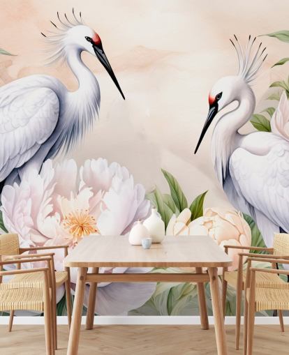 mural de papel pintado con forma de cigüeña llamado Storks Romance de Marina Stupakova para dormitorios y salas de estar