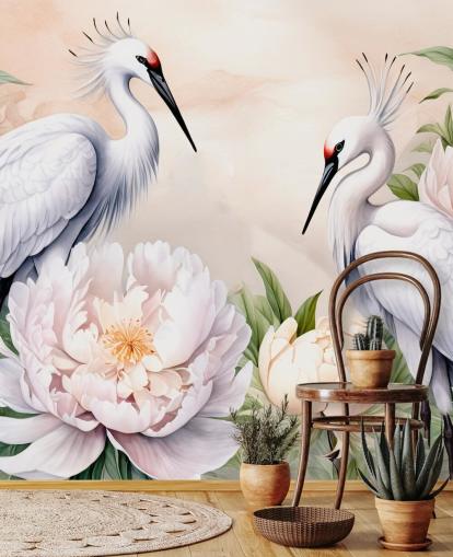 mural de papel de parede de cegonha chamado Storks Romance de Marina Stupakova para quartos e salas de estar