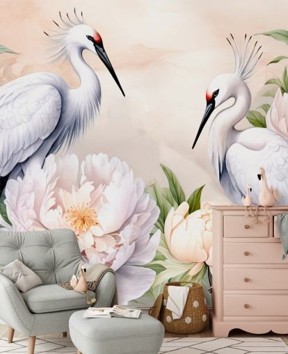 Storchentapete namens Storks Romance von Marina Stupakova für Schlafzimmer und Wohnzimmer